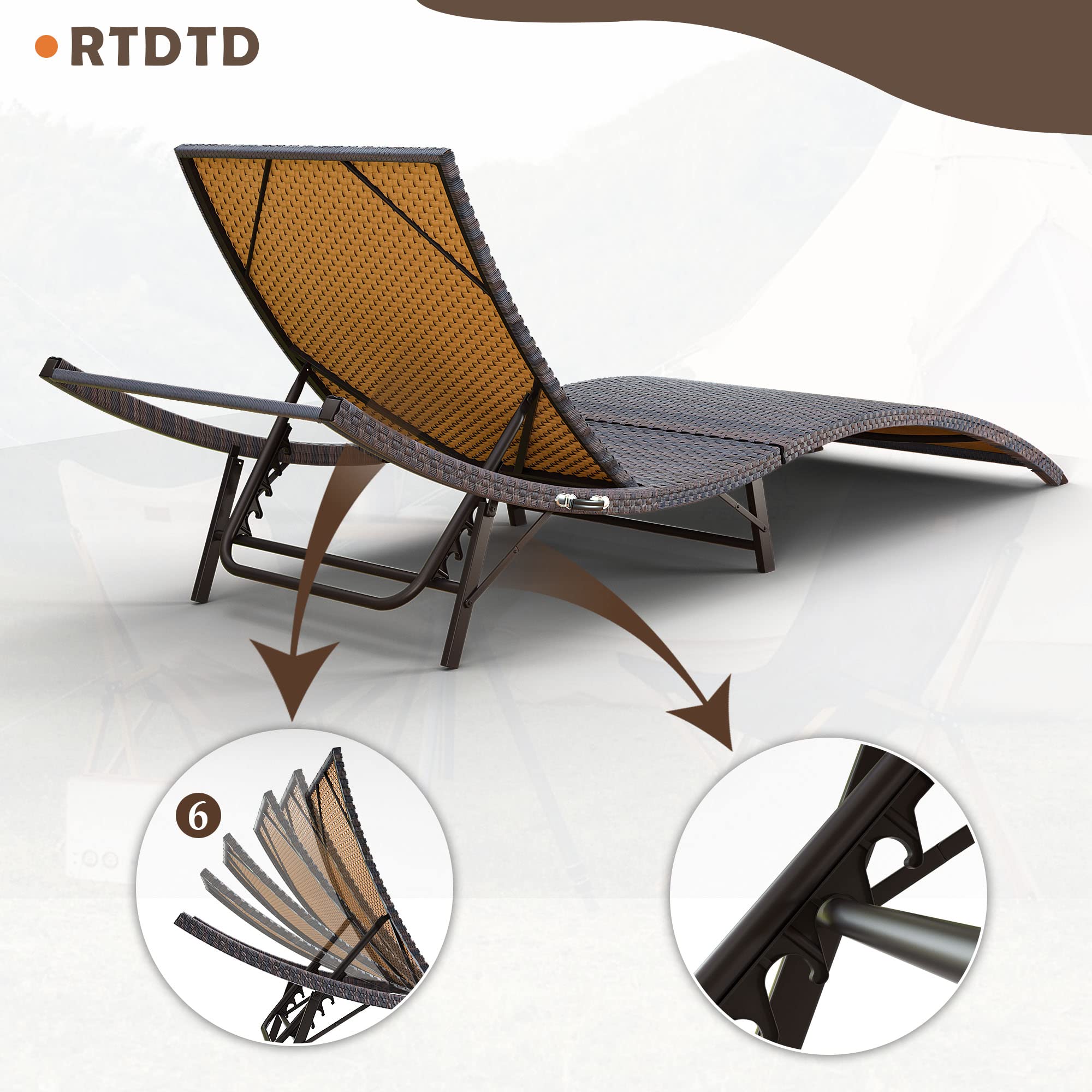 RTDTD 3 Pieces Patio Chaise Lounge Set Outdoor PE Rattan Lounge Chair Adjustable Backrest Reclining Chair with Folding Table and Cushion for Patio Poolside Backyard Porch Beach(Black)