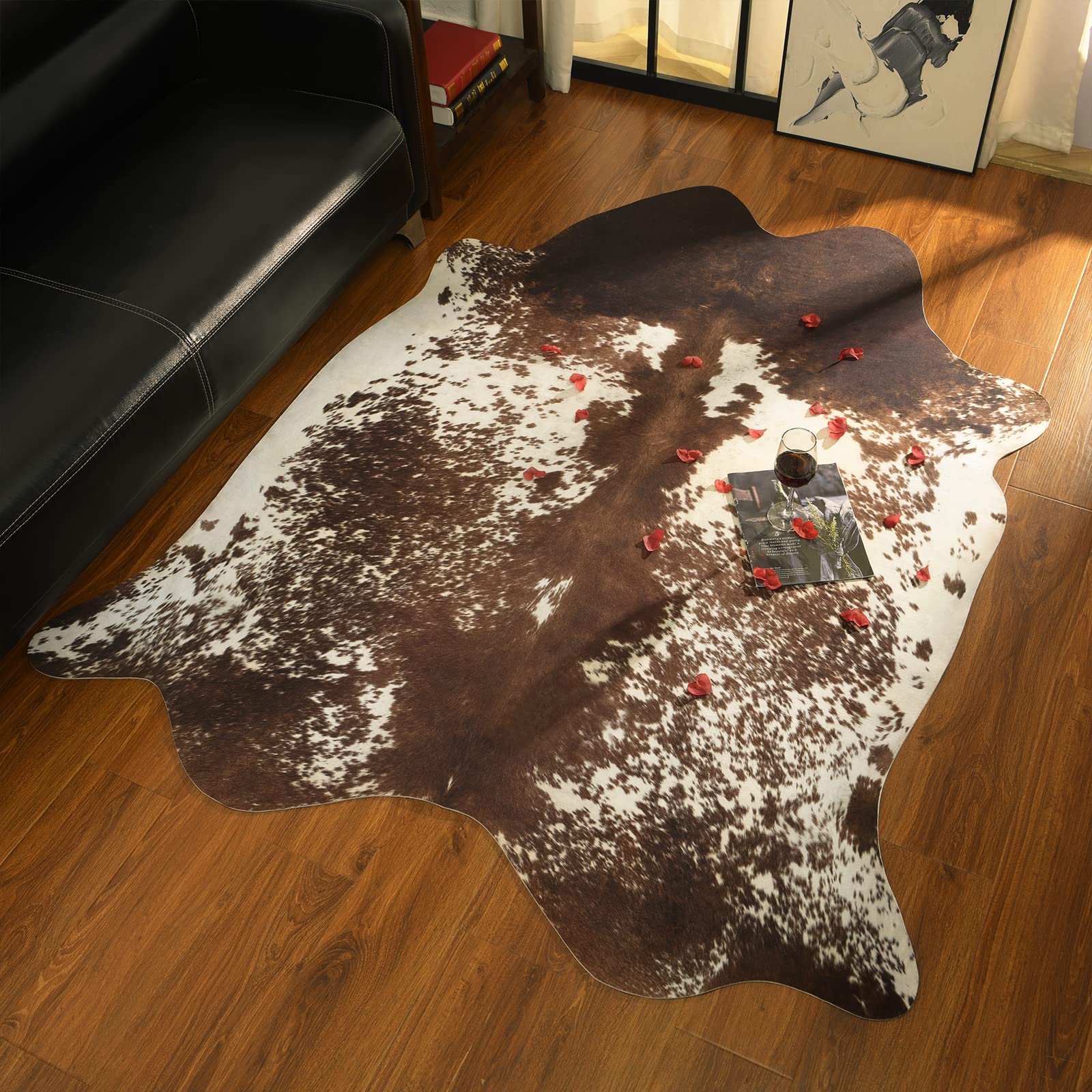 B BENRON Luxury Cowhide Rug Faux Cow Rug for Living Room 4.6x5.2ft Animal Rug Retro Cow Hide Rug Large Cow Print Rug Non Slip Area Rug Industry Style Western Rugs,Coffee