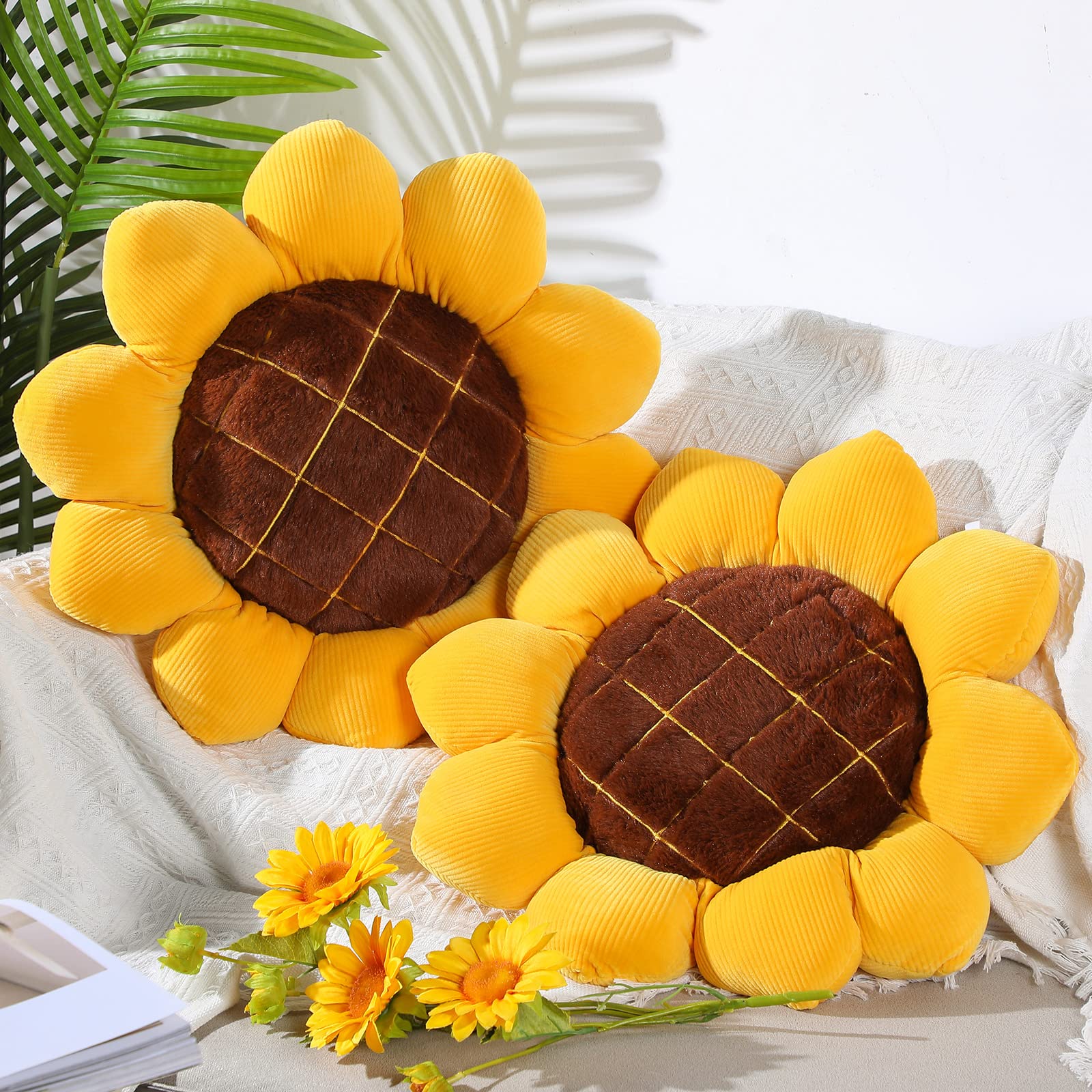 Coume 2 Pieces 3D Sunflower Flower Floor Pillow Seating Cushion Mat Sunflower Throw Pillow Yellow Sunflower Shaped Chair Pads Decorative Plush for Bed Car Couch Chair Sofa Office Girls Gifts (19 Inch)