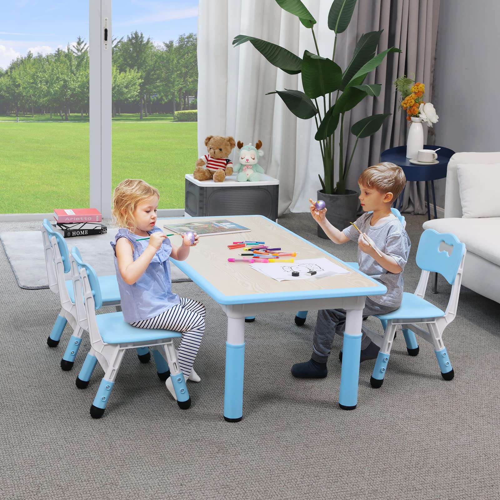 Arlopu Kids Table and 4 Chair Set, Height Adjustable Toddler Table and Chair Set, Non-Slip Legs, Graffiti Desktop, Large Children Activity Table, Reading Daycare Classroom Home (Blue)