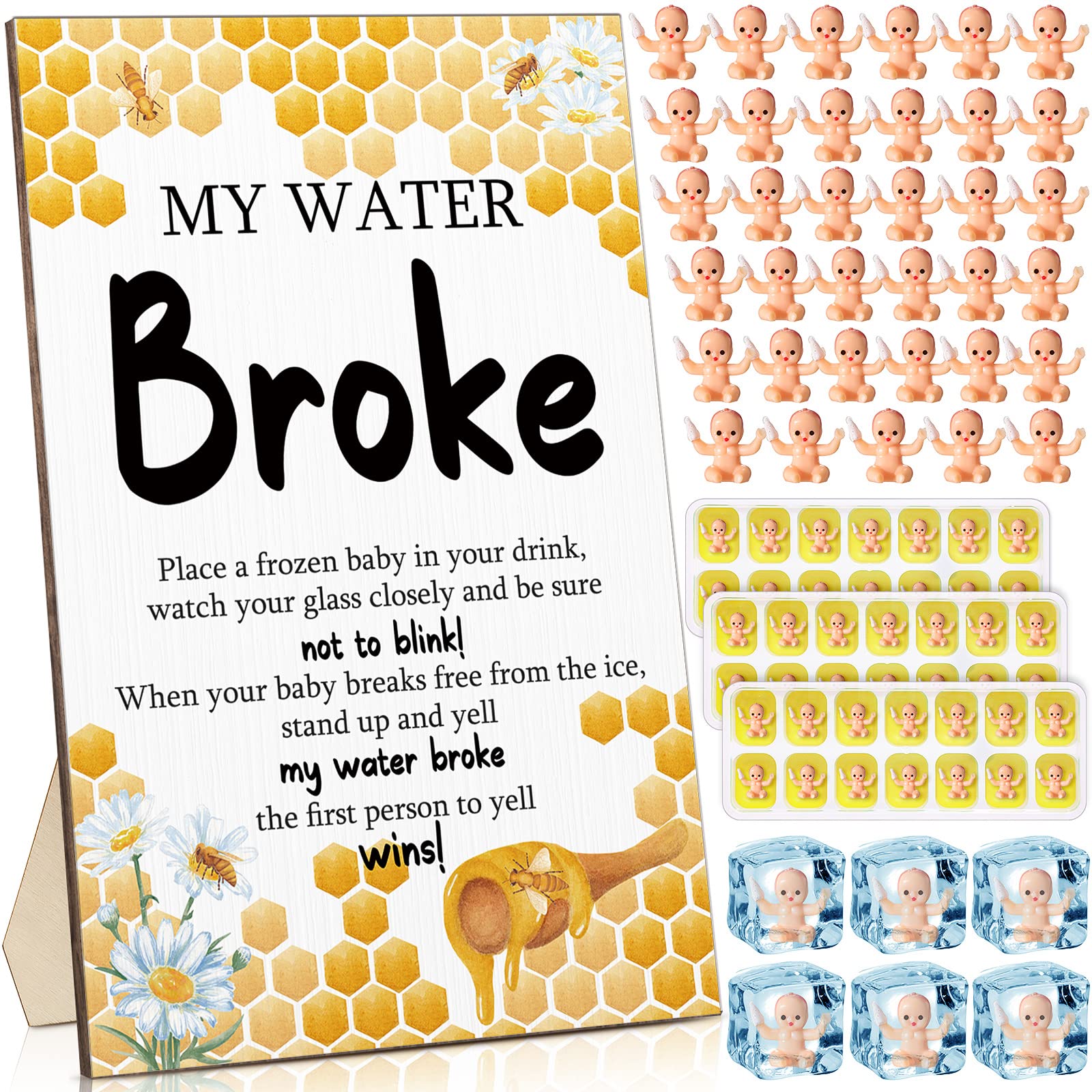 54 Pcs My Water Broke Game Baby Shower Game Sign Wooden Baby Gift Sets Gender Reveal Party Decors 50 Tiny Plastic Babies Small Mini Baby 3 Ice Cube Trays for Baby Shower Gender Reveal Party (Bee)