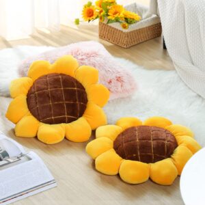 Coume 2 Pieces 3D Sunflower Flower Floor Pillow Seating Cushion Mat Sunflower Throw Pillow Yellow Sunflower Shaped Chair Pads Decorative Plush for Bed Car Couch Chair Sofa Office Girls Gifts (19 Inch)