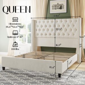 Jocisland Queen Upholstered Bed Frame with Tall Headboard Wingback Platform Bed Tufted Deep Button Velvet/No Box Spring Needed/Easy Assembly/Cream