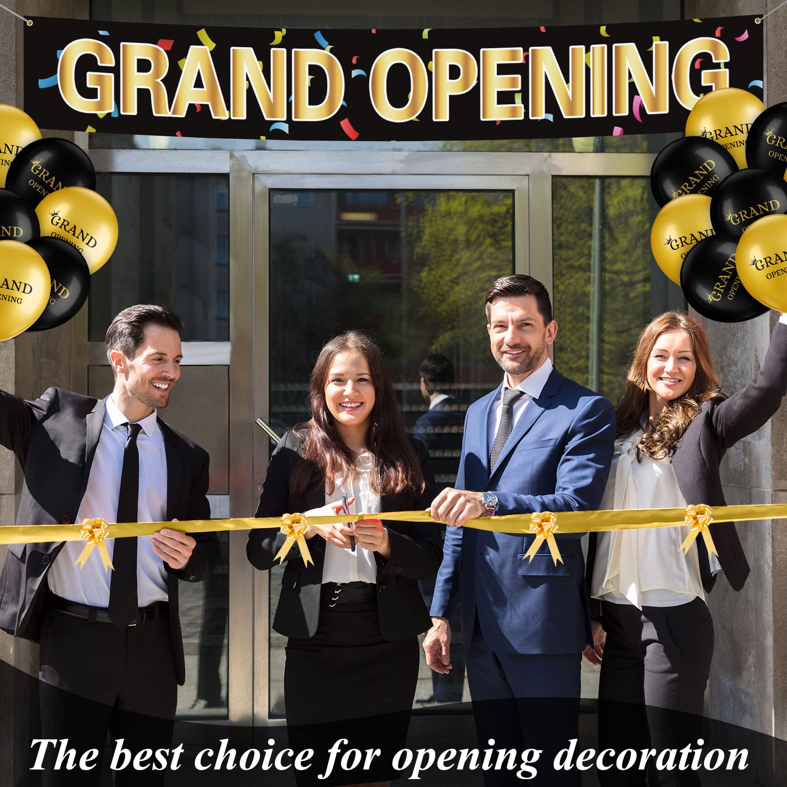 Grand Opening Ribbon Cutting Ceremony Kit Grand Opening Banner Grand Opening Decorations with 10'' Scissors 40 Pcs Balloons Satin Ribbon Bows and More Supplies for Business Events (Black Gold)