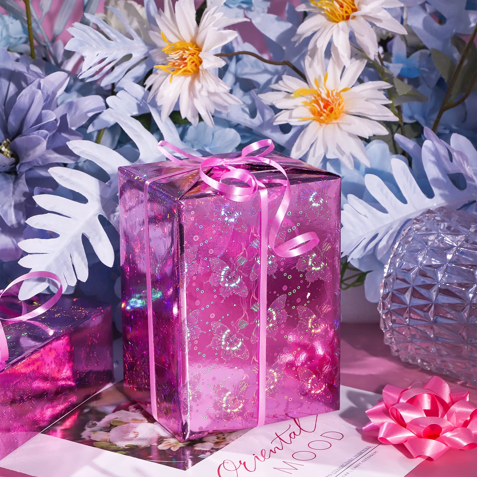 LeZakaa Pink Holographic Wrapping Paper - Mini Roll - Butterfly Print for Birthday, Holiday - 17 inches x 32.8 Feet (46.5 sq.ft.)