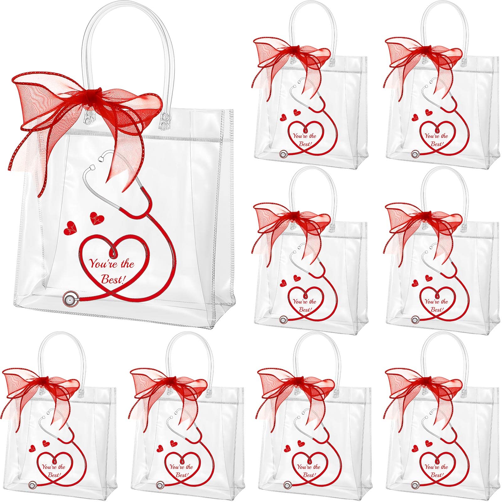 Thenshop 24 Pcs Nurse Gift Bags 7.8x7.8x3.15 in PVC Clear Gift Bags with Handles CNA Week Gifts Bulk 2024 Nurse Gift Bag Wedding Gifts Appreciation Gifts for Doctors Healthcare Hospital Worker Party