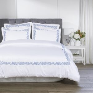 Melange Home Floral Embroidered Duvet Set Full and Queen Size White Sheet Set 600 Thread Count 100% Sateen Cotton Luxury Hotel Bedsheet - Oeko Tex Certified Deep Pocket - Blue Embroidered Piping