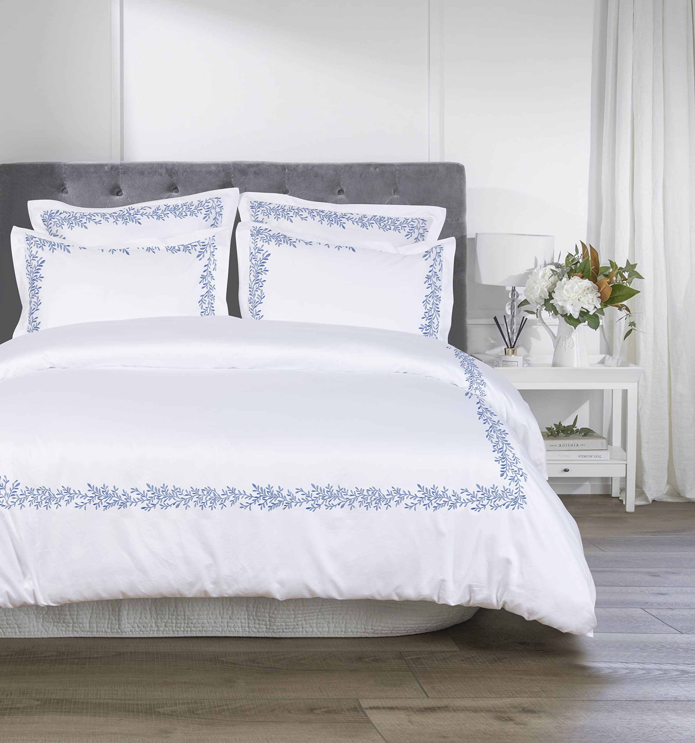 Melange Home Floral Embroidered Duvet Set Full and Queen Size White Sheet Set 600 Thread Count 100% Sateen Cotton Luxury Hotel Bedsheet - Oeko Tex Certified Deep Pocket - Blue Embroidered Piping