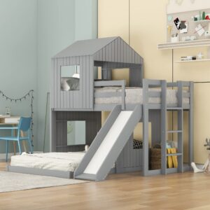 harper & bright designs twin over full bunk beds with house shape, house bunk bed with roof, window & slide, twin over full farmhouse bed frame for kids girls boys teens (grey)