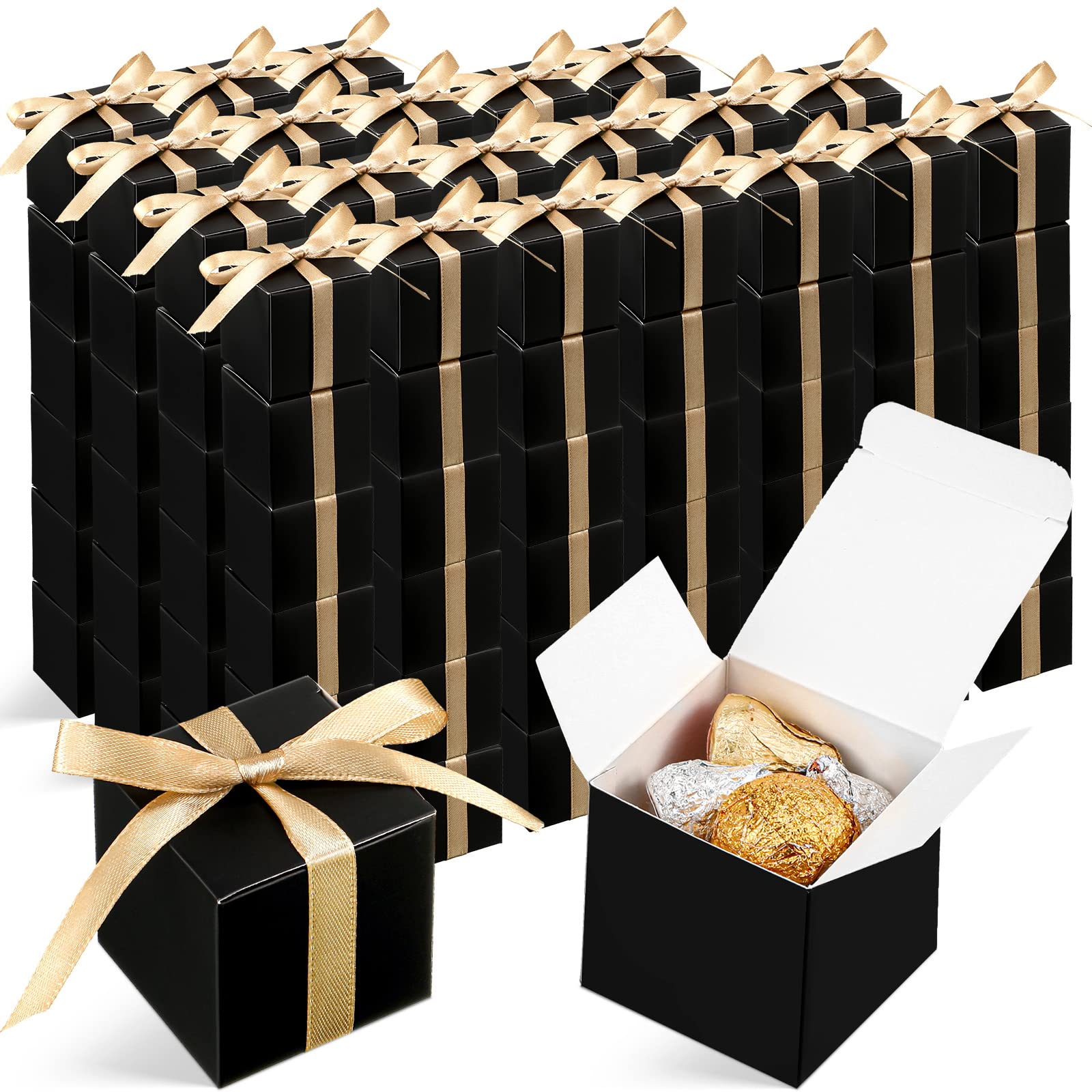 Jutom 100 Pcs Mini Favor Boxes Small Candy Boxes Paper Party Favor Boxes Gift Wrap Boxes with Ribbon for Christmas Thanksgiving Day Birthday Wedding Anniversary Supplies(2 x 2 x 2 Inch,Black)