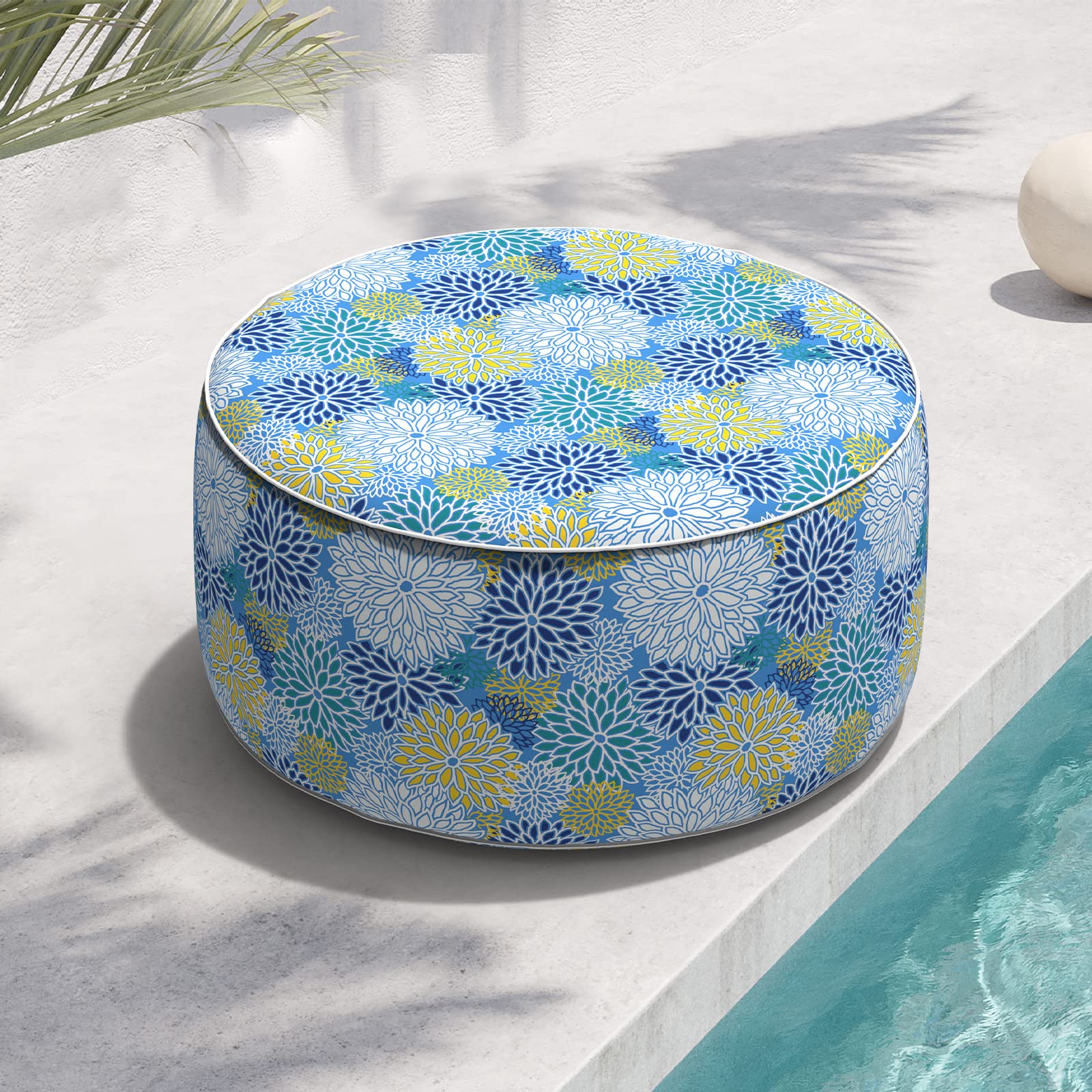 TWLEAR Indoor/Outdoor Inflatable Ottoman D31 x H14 inch, All Weather Ottoman Pouf, Portable Footstool Round Foot Rest Ottoman for Patio, Garden, Porch, Home, Dahlia Blue