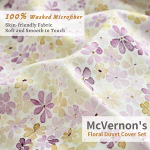 McVernon's Floral Duvet Cover Twin Size, 2 Pcs Purple-Pink Duvet Cover for All Season, Soft, Breathable ＆ Durable Bedding Sets with Zipper Closure and Ties, 1 Duvet Cover and 1 Pillow Shams