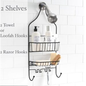 Bath Bliss Contour Shower Caddy | Dimensions: 9"x 4.3"x 21.5" | Hangs Over The Showerhead | Suction Cup Backing | All In One Caddy | Holds Shampoo | Conditioner | Lotion | Soap | Matte Black