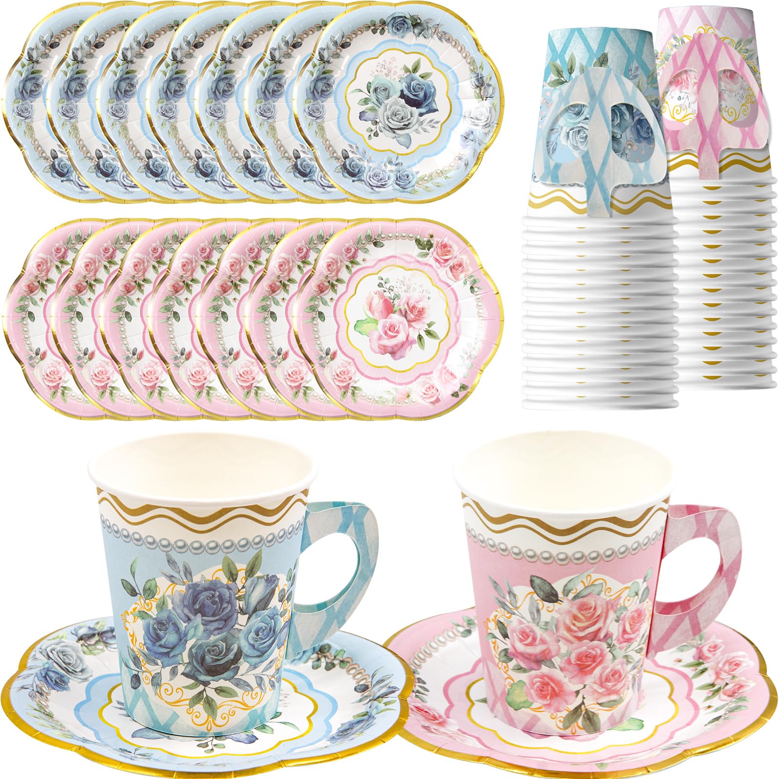 WorldBazaar Tea Party Cups and Saucers 24 Sets Floral Paper Cups with Handles 9oz Tea Party Decorations Flower Birthday Party Supplies Garden Baby Shower bulk