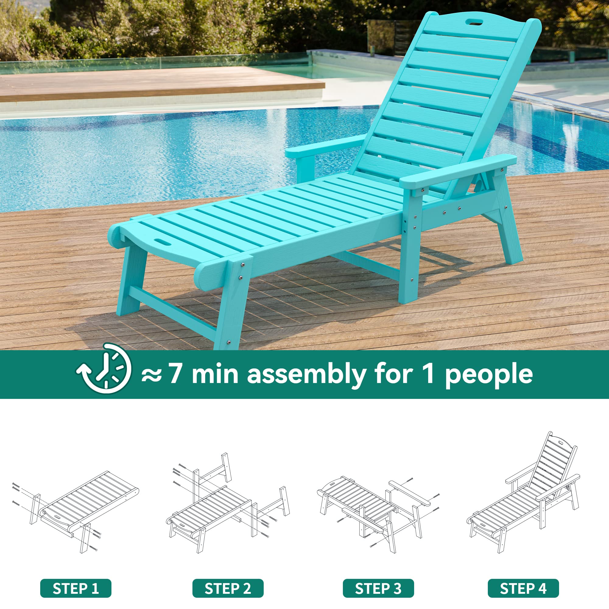 YITAHOME Outdoor Chaise Lounge Chair with Adjustable Backrest, Heavy Duty Resin Patio Lounger with Wide Armrest and 350lbs Capacity for Outside Poolside Beach Backyard, Waterproof, Blue