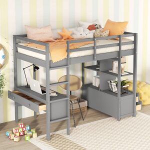 harper & bright designs twin size loft bed with desk and storage, solid wood twin loft bed with storage shelves and drawers for girls boys teens adults,no box spring needed (twin,grey)