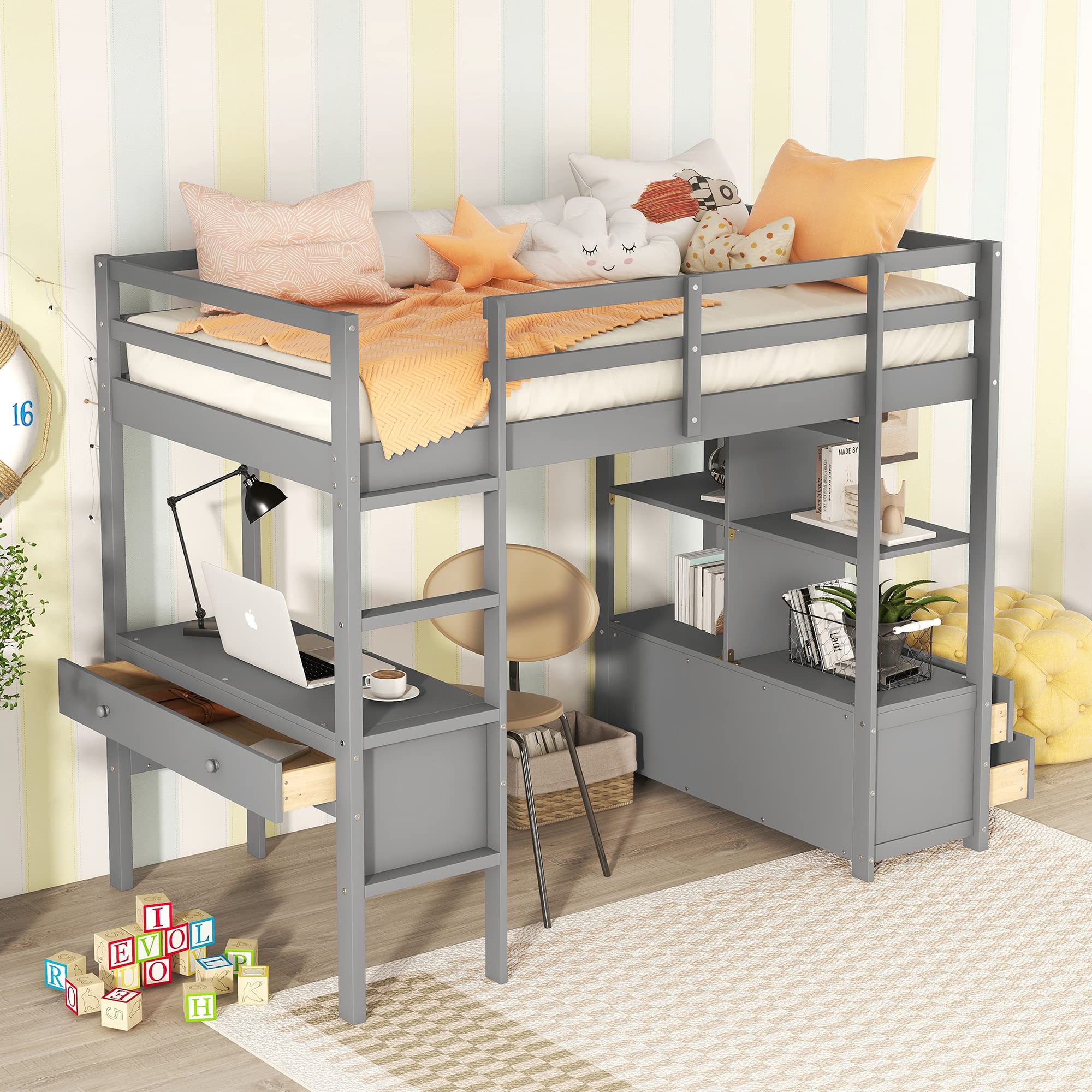 Harper & Bright Designs Twin Size Loft Bed with Desk and Storage, Solid Wood Twin Loft Bed with Storage Shelves and Drawers for Girls Boys Teens Adults,No Box Spring Needed (Twin,Grey)