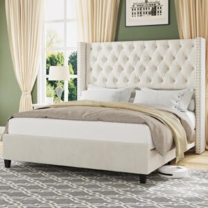 jocisland queen upholstered bed frame with tall headboard wingback platform bed tufted deep button velvet/no box spring needed/easy assembly/cream