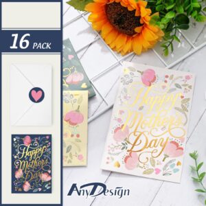 AnyDesign Greeting Card, 16 Pack Foil Gold Mother's Day Card with Stickers & Envelopes, Floral Blank Note Cards Assortment for Birthday Celebration, 4 x 6 Inch