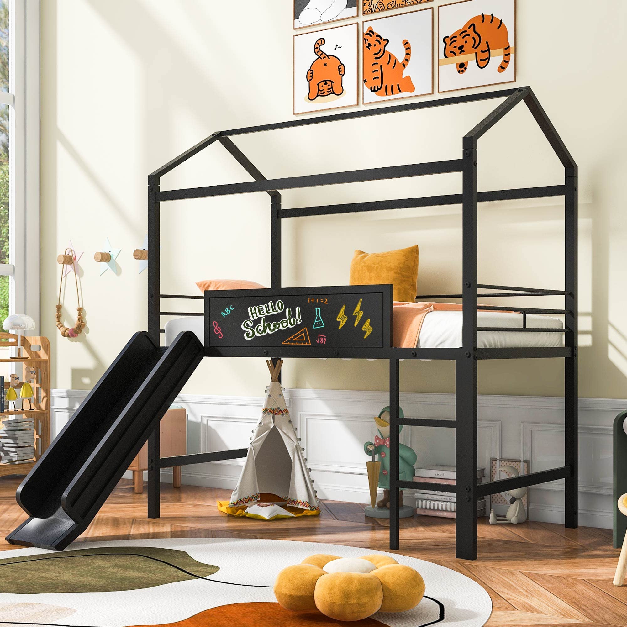 Harper & Bright Designs Twin House Loft Bed Metal House Bed Frame with Slide and Chalkboard, Low Loft Beds with Guardrail and Ladder, Twin Size Loft Bed for Kids Teens Girls Boys (Black)