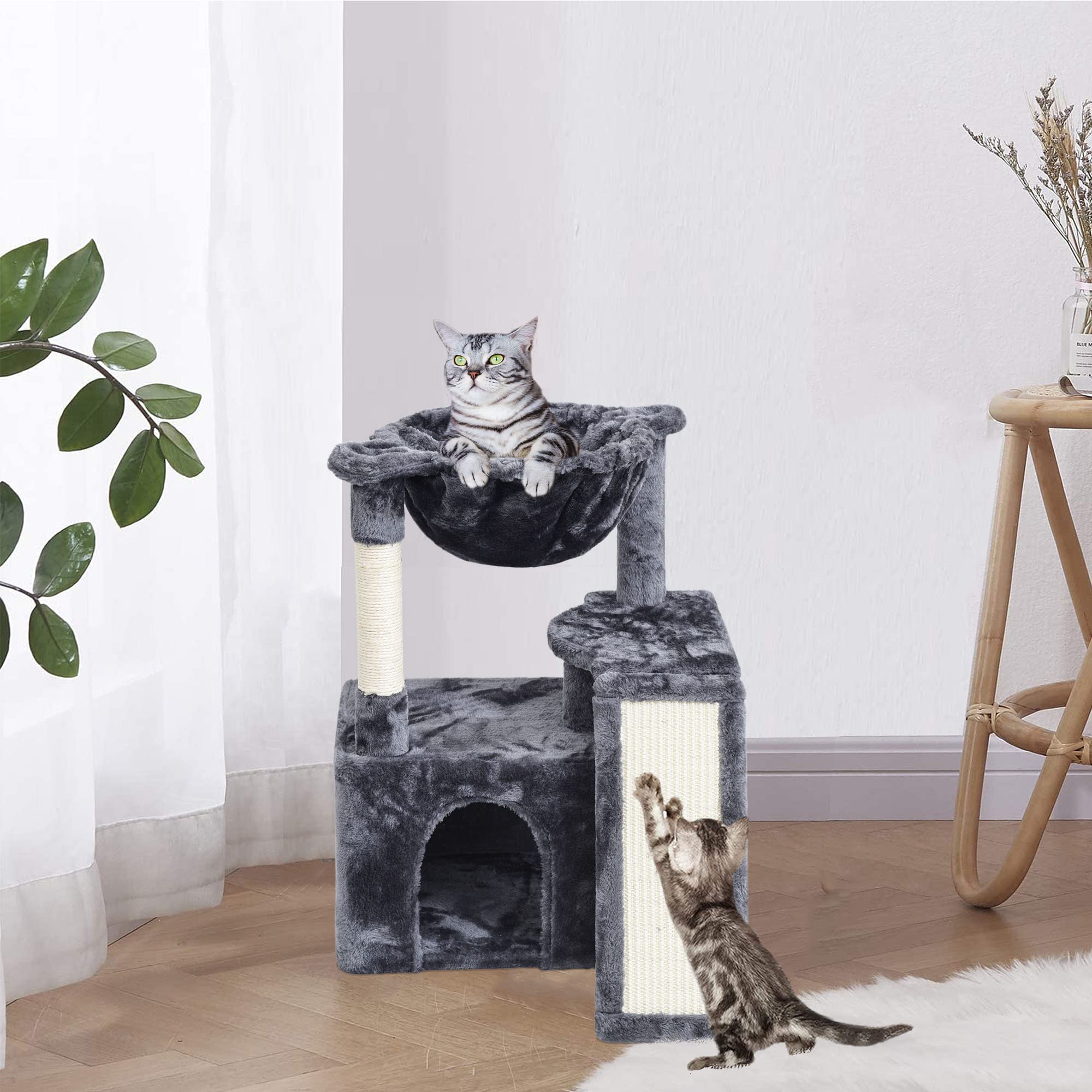 SYANDLVY 23.62" Cat Tree for Indoor Large Cats, Cat Tower with Scratching Posts, Modern Cat Bed Furniture with Condo & Basket (Scratching Board-Smoky Grey)