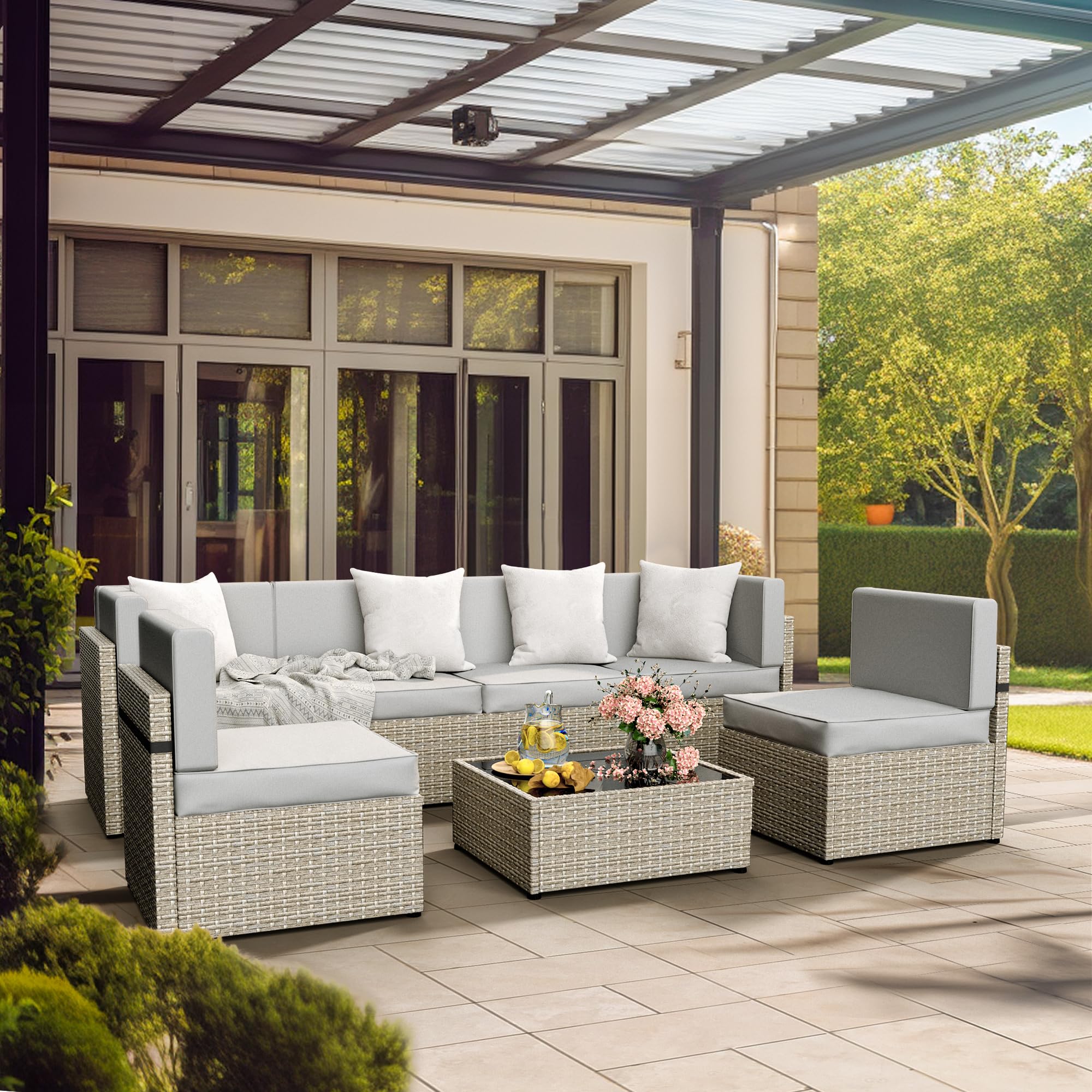 Pamapic Outdoor Sectional Furniture for 6,Wicker Patio Furniture,All-Weather Gray PE Rattan Sectional Sofa, Conversation Set with Washable Cushions Covers and Coffee Table for Garden Poolside