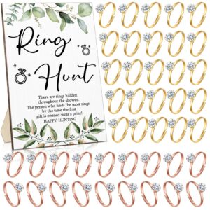 bucherry bridal shower games with rings funny ring hunt games sign wooden game sign and 100 mini plastic rings fake rings with diamond for bride shower game wedding winner gifts party favors (leaf)