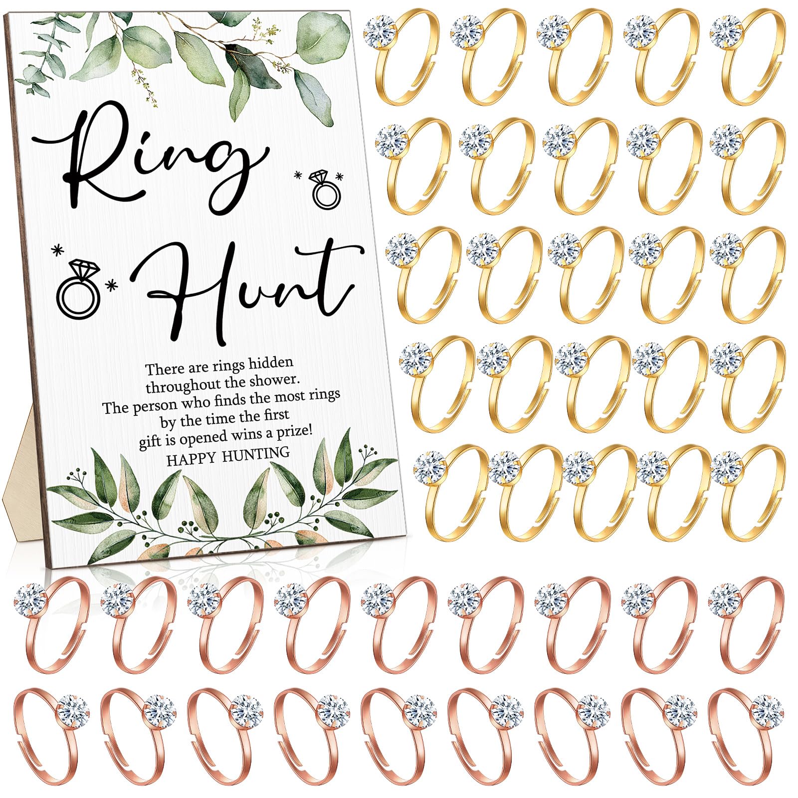 Bucherry Bridal Shower Games with Rings Funny Ring Hunt Games Sign Wooden Game Sign and 100 Mini Plastic Rings Fake Rings with Diamond for Bride Shower Game Wedding Winner Gifts Party Favors (Leaf)