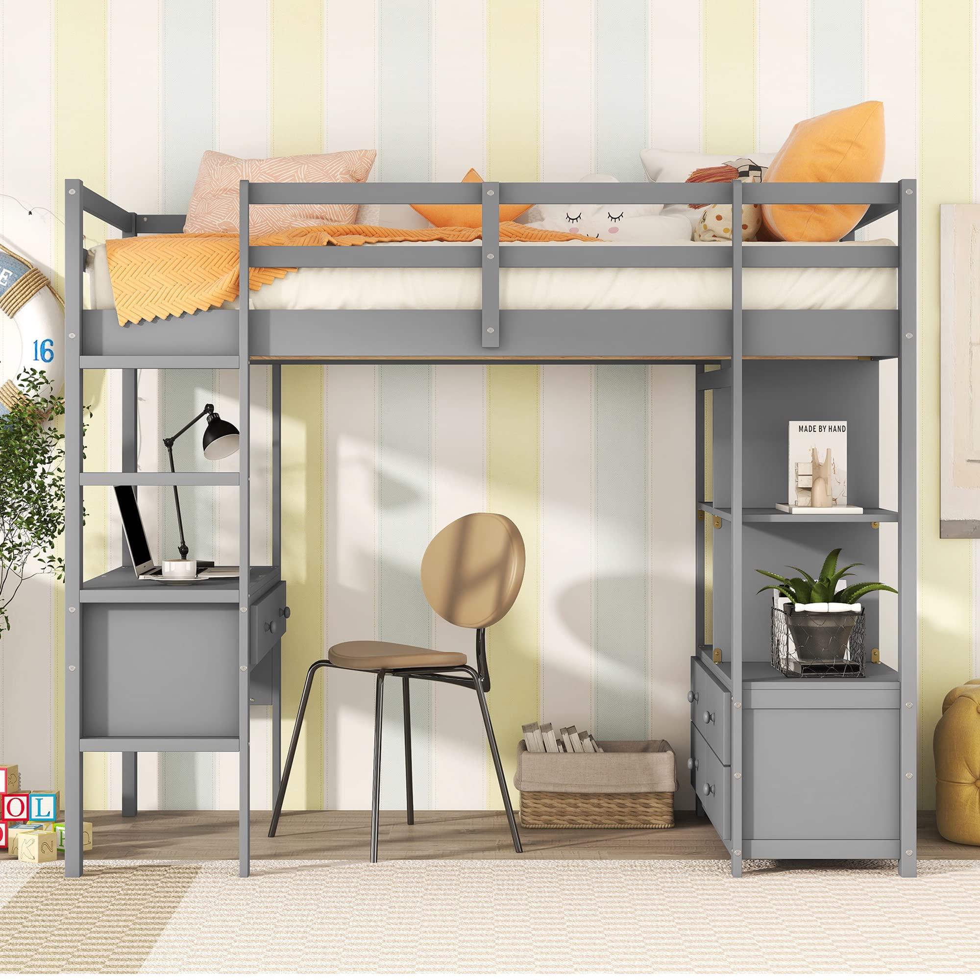 Harper & Bright Designs Twin Size Loft Bed with Desk and Storage, Solid Wood Twin Loft Bed with Storage Shelves and Drawers for Girls Boys Teens Adults,No Box Spring Needed (Twin,Grey)