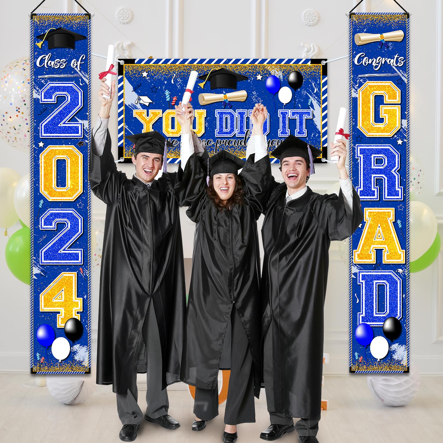 GPWXYYY Blue and Gold Graduation Decorations Class of 2024 Class of 2024 Porch Sign Congrats Grad Banner and You Did It Graduation Banner for Graduation Decorations 2024