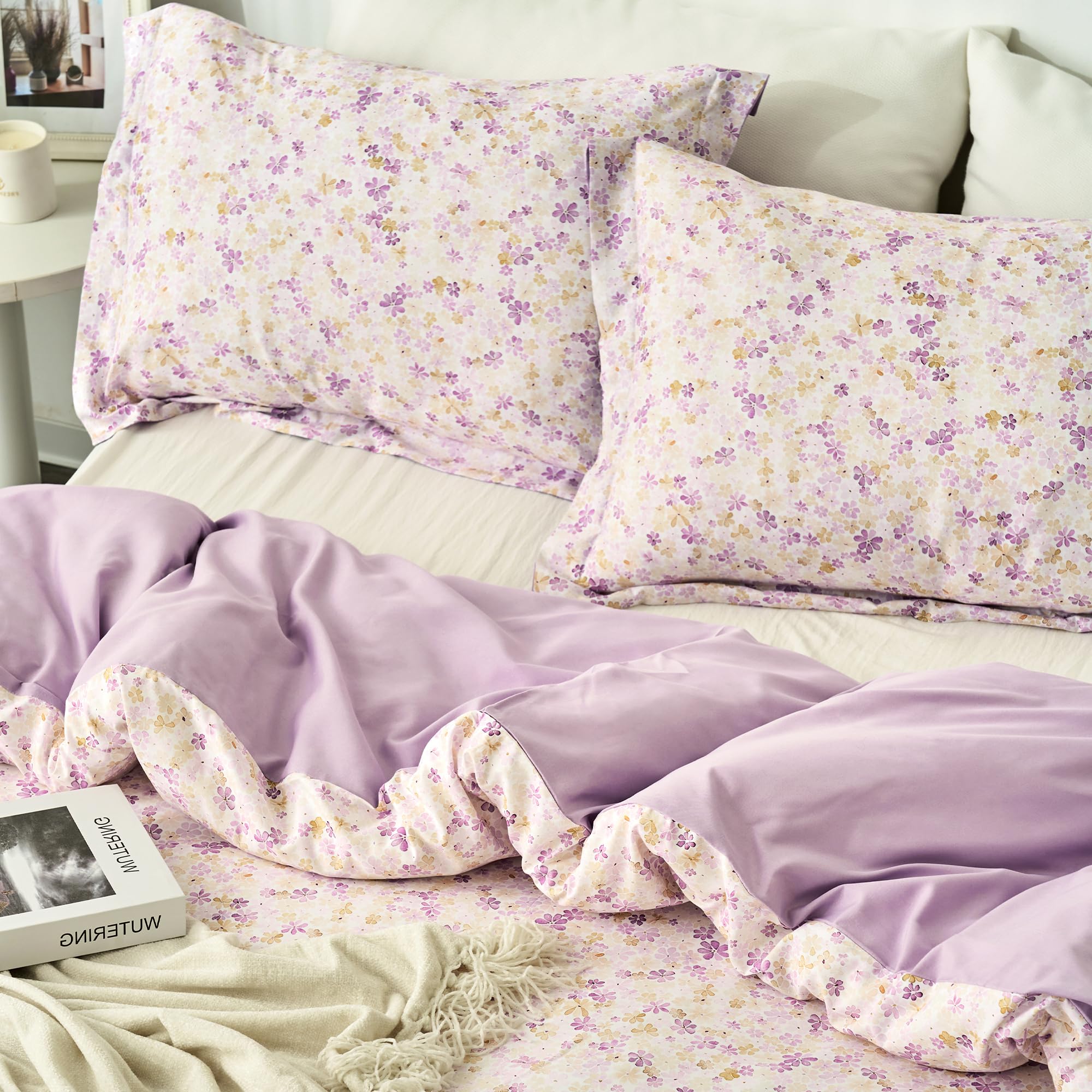 McVernon's Floral Duvet Cover Twin Size, 2 Pcs Purple-Pink Duvet Cover for All Season, Soft, Breathable ＆ Durable Bedding Sets with Zipper Closure and Ties, 1 Duvet Cover and 1 Pillow Shams