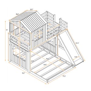 Harper & Bright Designs Twin Over Full Bunk Beds with House Shape, House Bunk Bed with Roof, Window & Slide, Twin Over Full Farmhouse Bed Frame for Kids Girls Boys Teens (Grey)