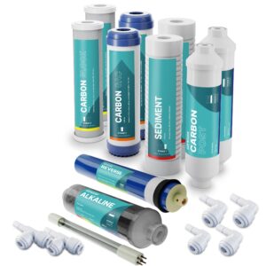 nu aqua reverse osmosis water filter system replacement set - 7 stage 1 year alkaline & uv under sink kit - membrane, sediment, carbon filters, parts & fittings - universal ro filtration cartridge