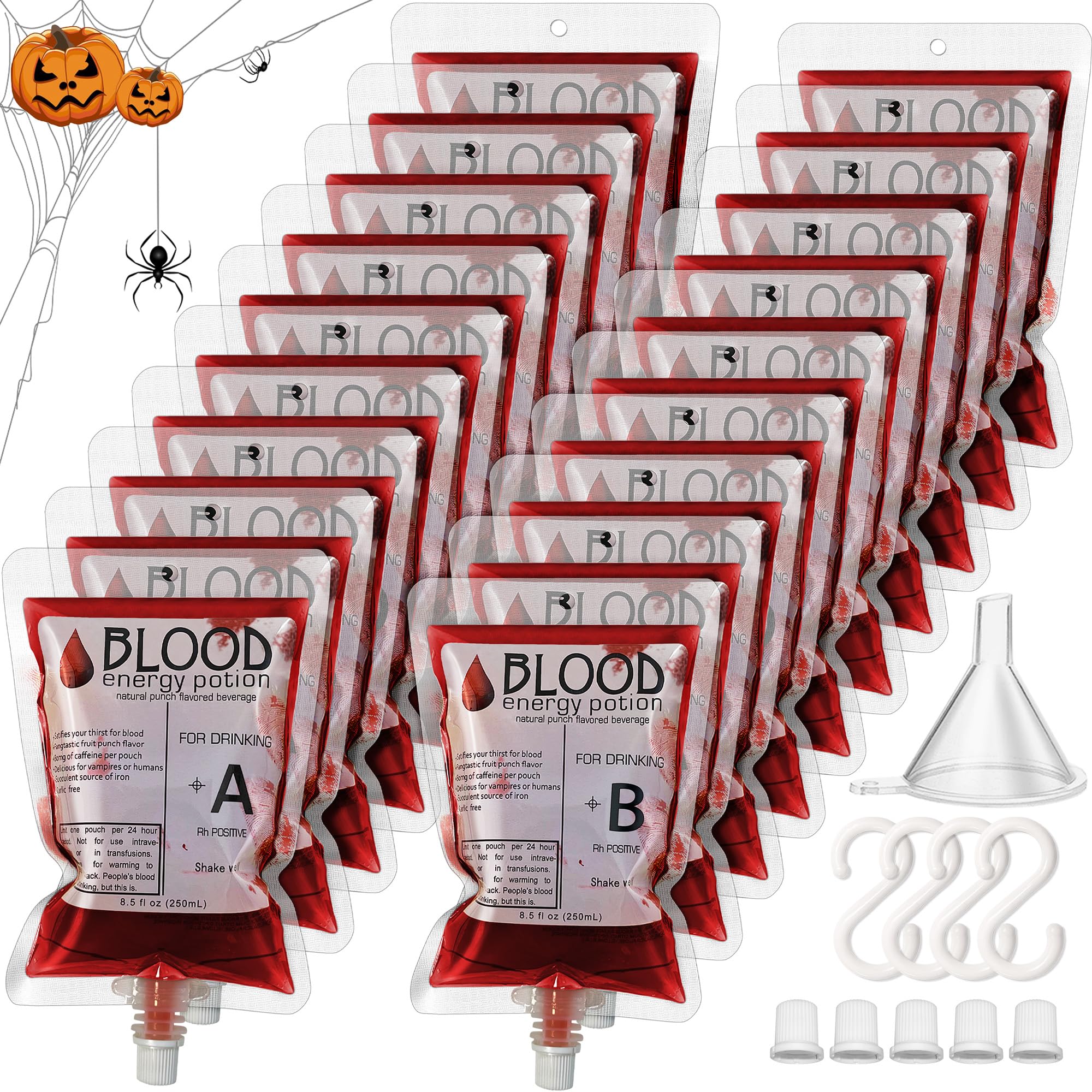 Samniu 20 packs of Blood Bags for Drinks, 8.5fl oz/250ml Drink Pouches for Adults, Reusable IV Bag with Hook, Halloween, Birthday, Summer Pool Party Decorations