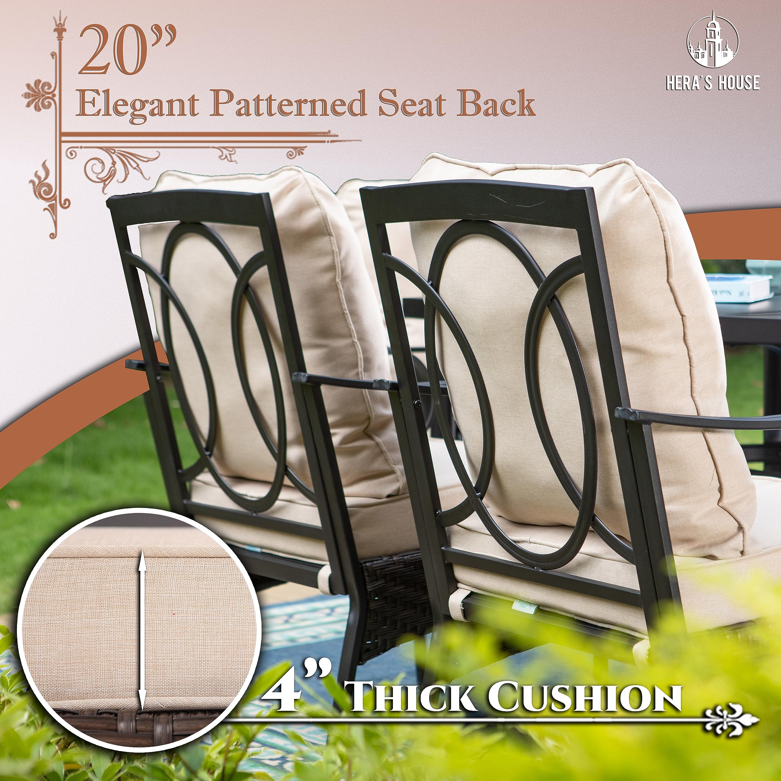 HERA'S HOUSE 7 Pieces Patio Dining Sets, 6 x Swivel Dining Chairs with Removable Cushions, 1 x Rectangular Wood-Like Dining Table, Outdoor Furniture Set for Patio Lawn Garden Porch