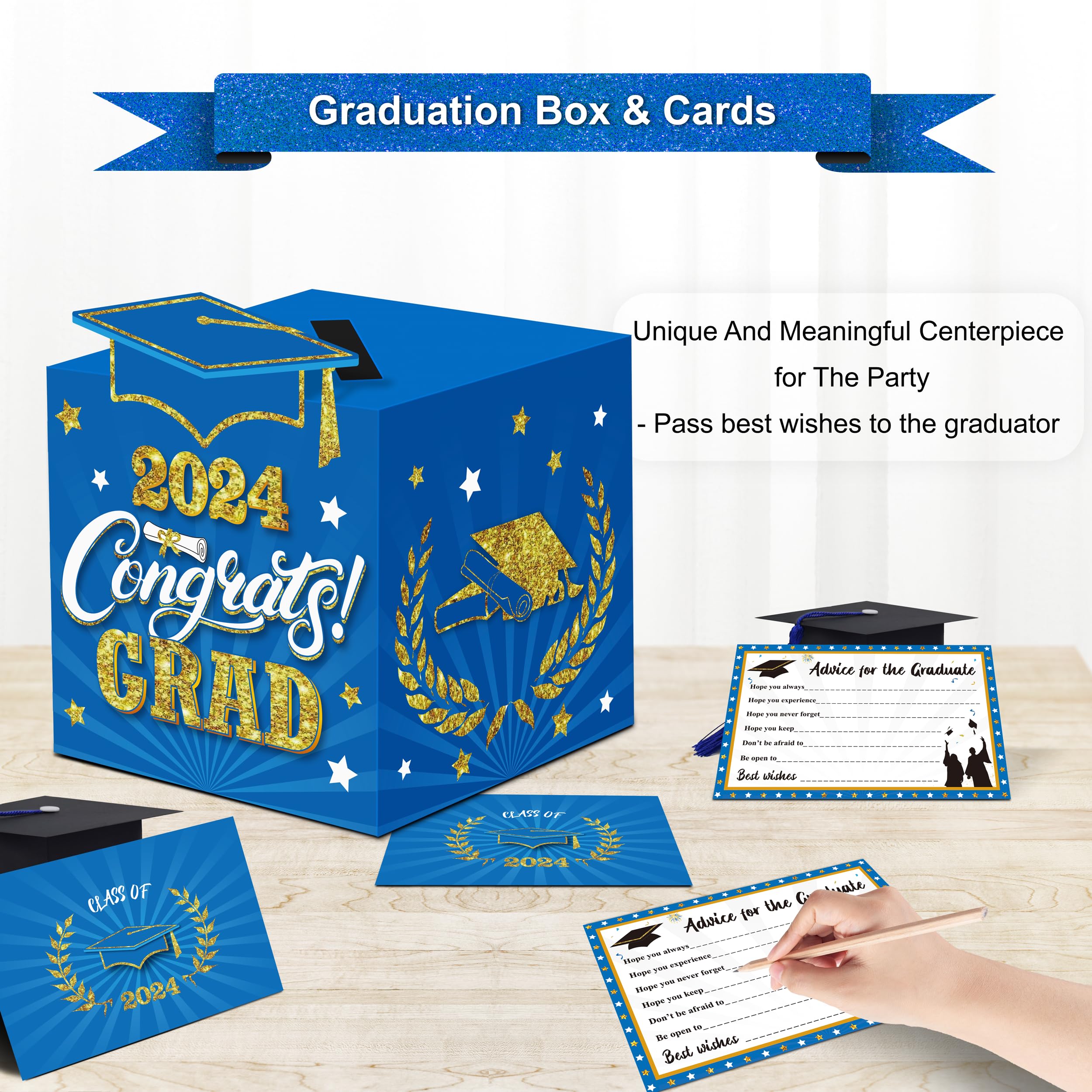 algpty Graduation Wish Cards with Green and Gold Graduation Card Holder Box - 36PCS Class Of 2024 Graduation Advice Cards and 2024 Congrats Grad Card Box for Graduation Party Supplies Decoration