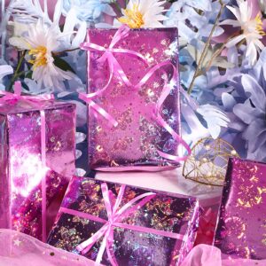 LeZakaa Pink Holographic Wrapping Paper - Mini Roll - Butterfly Print for Birthday, Holiday - 17 inches x 32.8 Feet (46.5 sq.ft.)