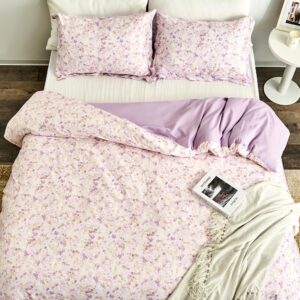 McVernon's Floral Duvet Cover Twin Size, 2 Pcs Purple-Pink Duvet Cover for All Season, Soft, Breathable ＆ Durable Bedding Sets with Zipper Closure and Ties, 1 Duvet Cover and 1 Pillow Shams