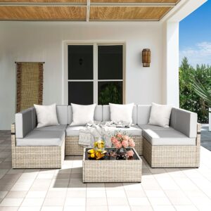 pamapic outdoor sectional furniture for 6,wicker patio furniture,all-weather gray pe rattan sectional sofa, conversation set with washable cushions covers and coffee table for garden poolside