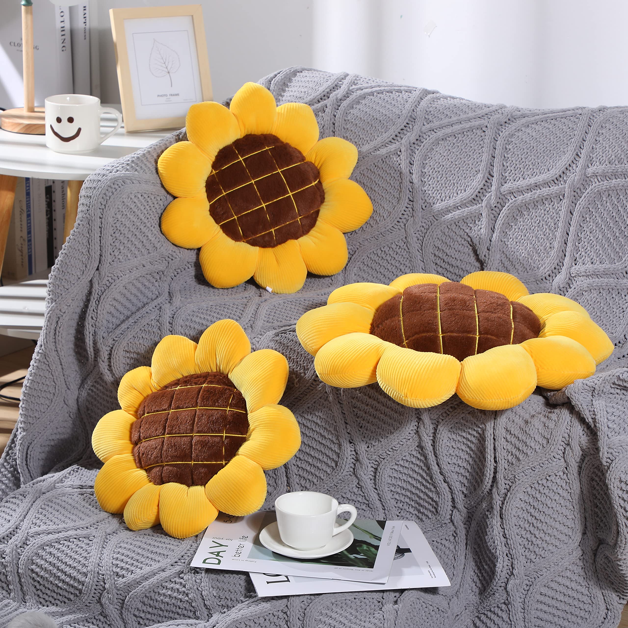 Coume 2 Pieces 3D Sunflower Flower Floor Pillow Seating Cushion Mat Sunflower Throw Pillow Yellow Sunflower Shaped Chair Pads Decorative Plush for Bed Car Couch Chair Sofa Office Girls Gifts (19 Inch)