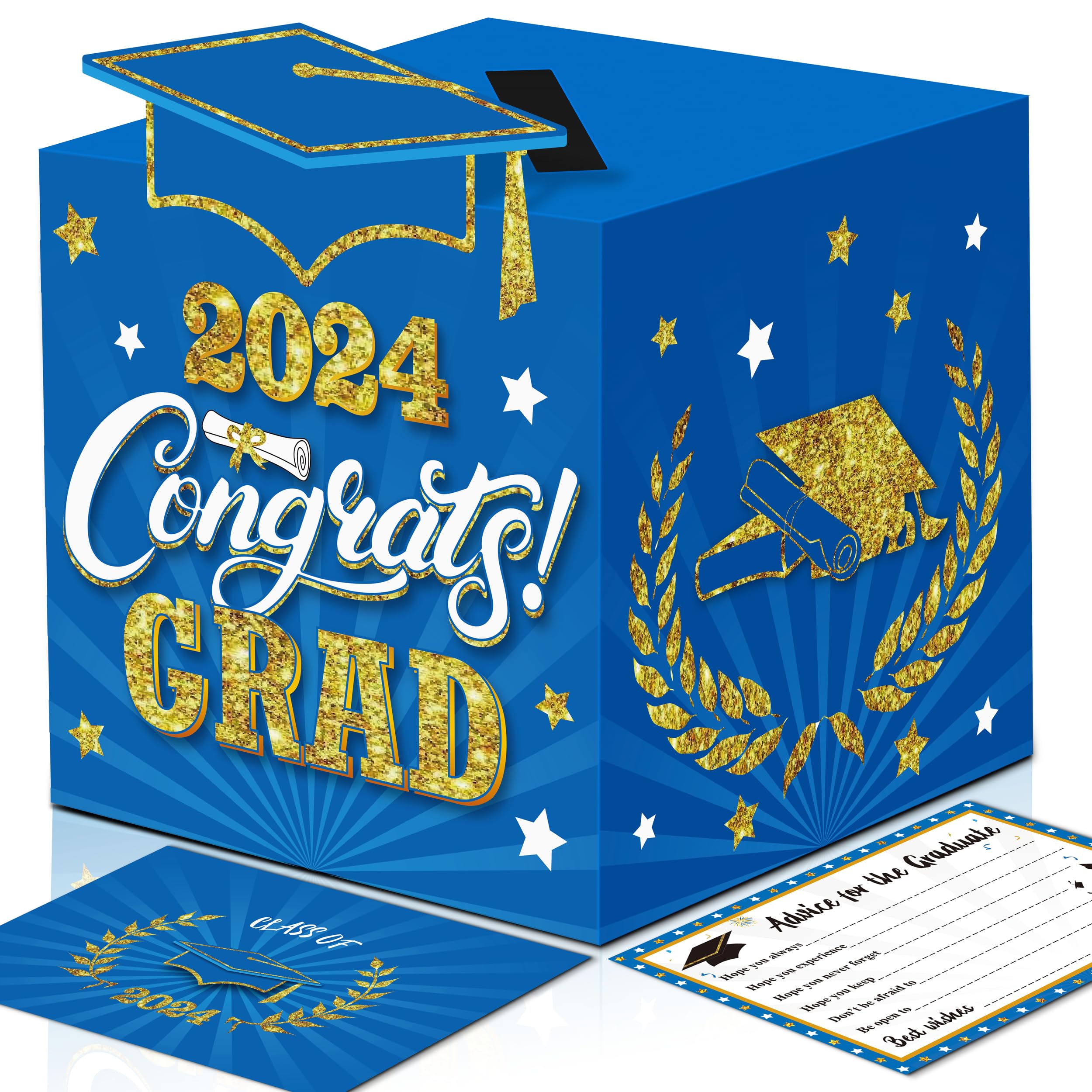 algpty Graduation Wish Cards with Green and Gold Graduation Card Holder Box - 36PCS Class Of 2024 Graduation Advice Cards and 2024 Congrats Grad Card Box for Graduation Party Supplies Decoration