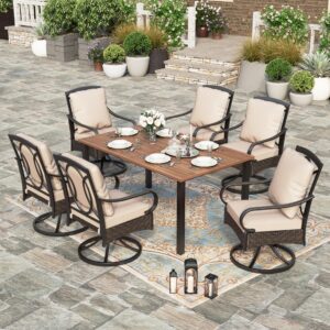 hera's house 7 pieces patio dining sets, 6 x swivel dining chairs with removable cushions, 1 x rectangular wood-like dining table, outdoor furniture set for patio lawn garden porch