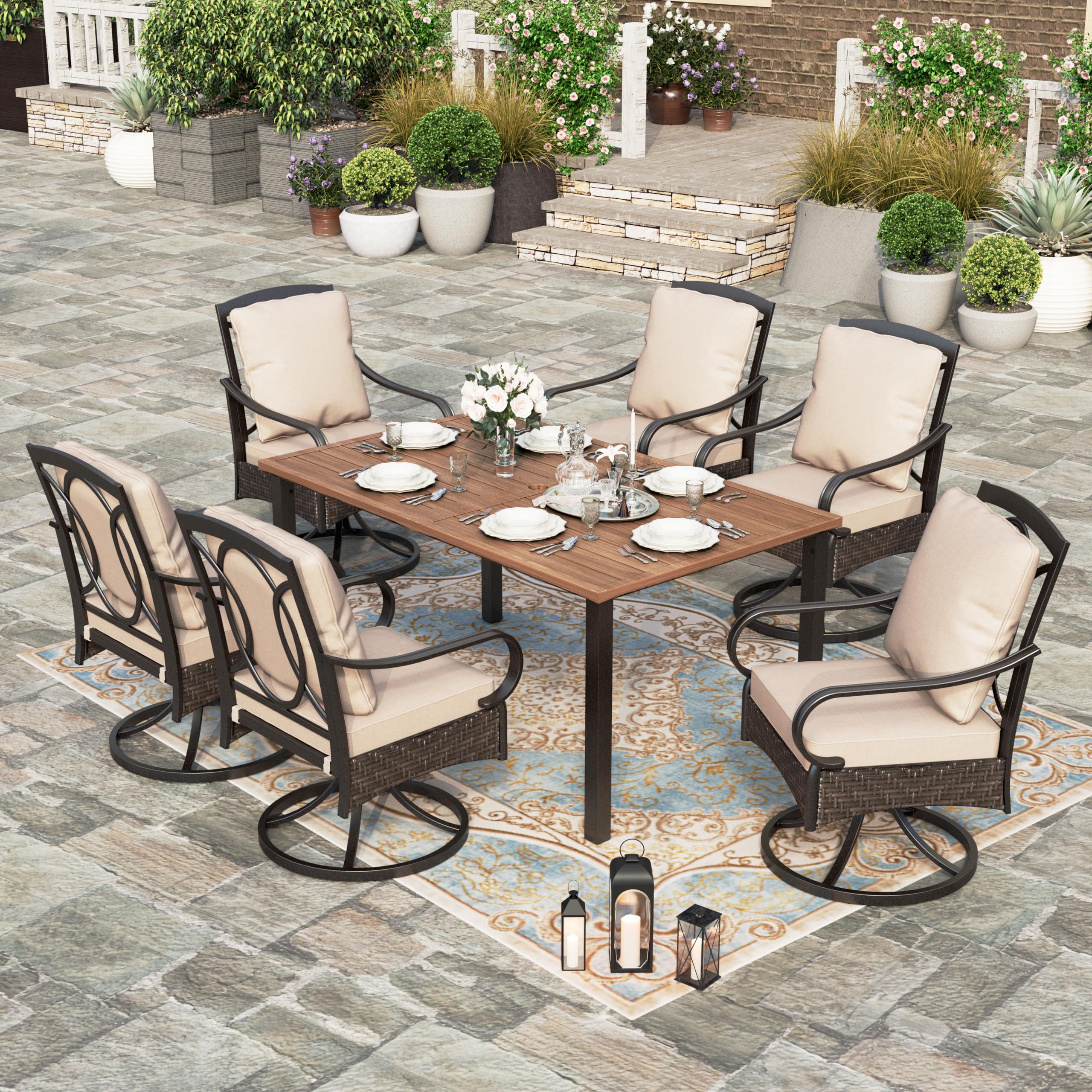 HERA'S HOUSE 7 Pieces Patio Dining Sets, 6 x Swivel Dining Chairs with Removable Cushions, 1 x Rectangular Wood-Like Dining Table, Outdoor Furniture Set for Patio Lawn Garden Porch