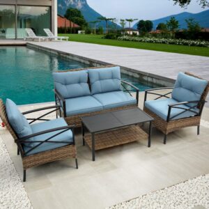 hlcodca outdoor patio furniture sectional sofa set,4-piece rattan wicker dining conversation patio set with cushion & table for porch yard pool or backyard (blue/garden@)