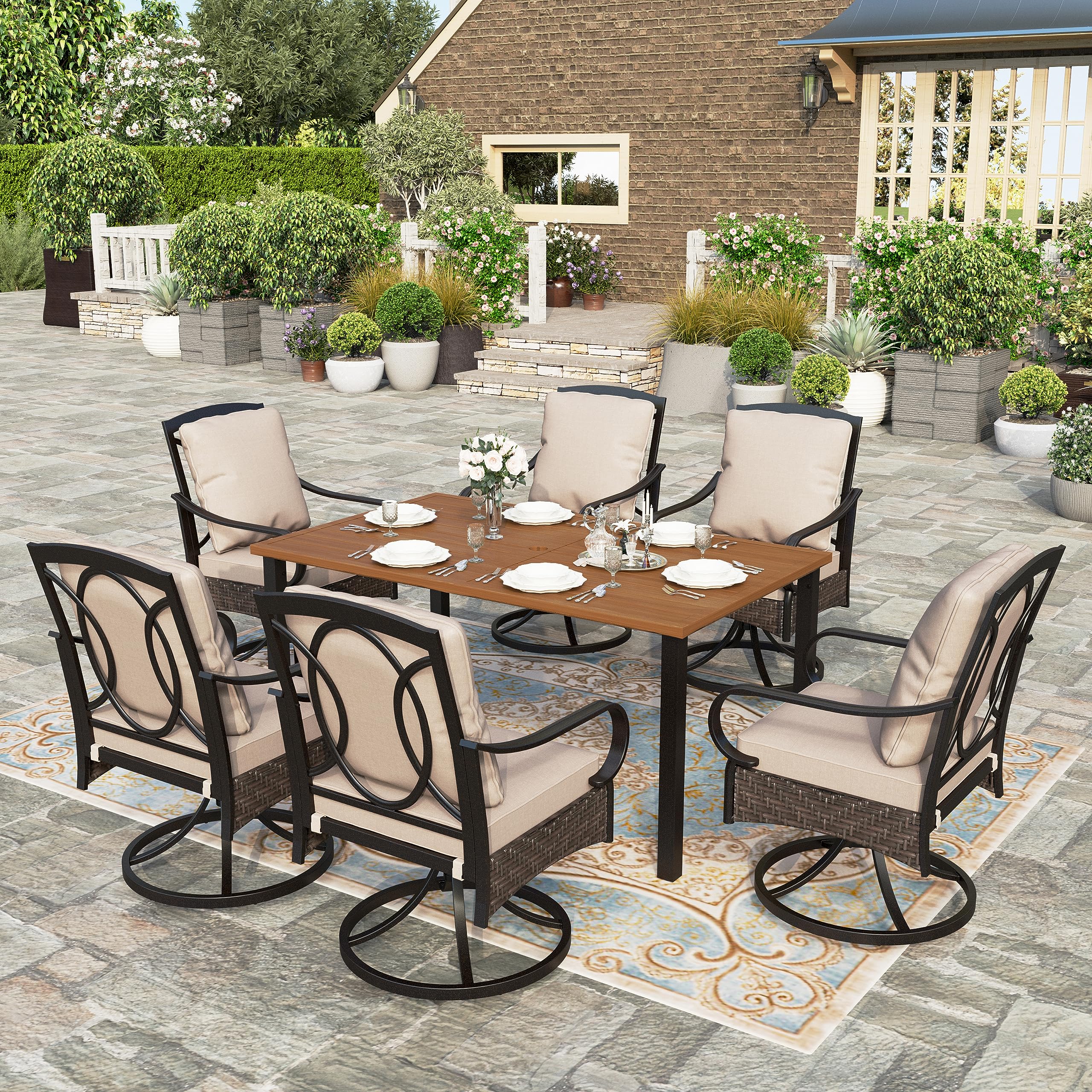 HERA'S HOUSE 7 Pieces Patio Dining Sets, 6 x Swivel Dining Chairs with Removable Cushions, 1 x Rectangular Wood-Like Dining Table, Outdoor Furniture Set for Patio Lawn Garden Porch