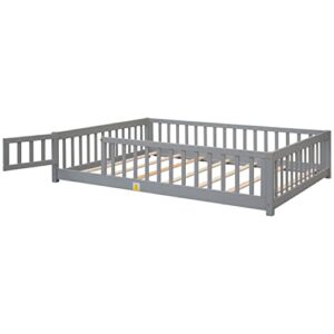 LLS Full Floor Bed for Children, Durable Montessori Floor Bed with Wood Slats, Safety Fence & Small Door, Wood Floor Bed Frame for Girls Boys and Children, Gray (with Bed Slats)