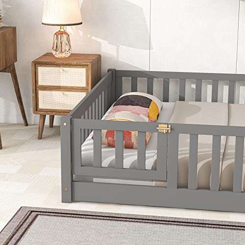 LLS Full Floor Bed for Children, Durable Montessori Floor Bed with Wood Slats, Safety Fence & Small Door, Wood Floor Bed Frame for Girls Boys and Children, Gray (with Bed Slats)