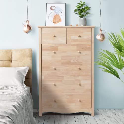 VINGLI Unfinished 6 Drawer Dresser, Natural Solid Wood Dresser Color DIY, Upgraged Rustic Farmhouse Tall Dresser with Spacious Storage Chests of Drawers with Full Extension Drawer Slides