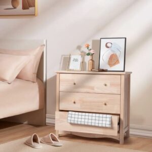 VINGLI Upgraged Unfinished 3 Drawer Dresser for Bedroom Natural Solid Wood Dresser Color DIY, Farmhouse Dresser with Spacious Storage Chests of Drawers with Full Extension Drawer Slides, Rustic Style