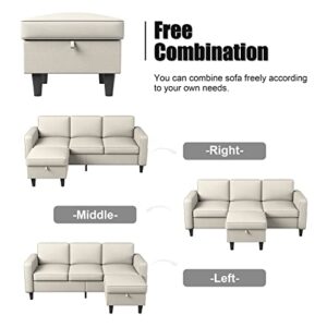 Beige Convertible L-Shaped Sectional, Modern Linen Fabric 3-Seat Sofa Couch Furniture Set with Storage Ottoman for Living Room Small Space